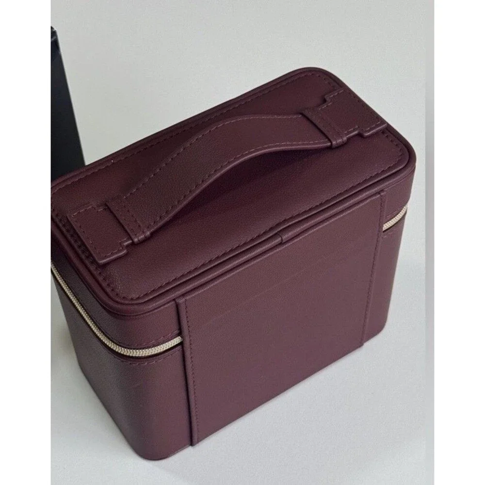 YSL Yves Saint Laurent Beaute Burgundy Wine Cosmetic Vanity Train Case Gold Zip